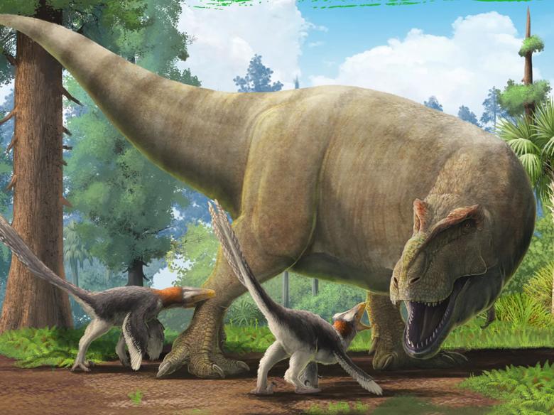  A T-Rex roars at two smaller dinosaurs in a forest. 