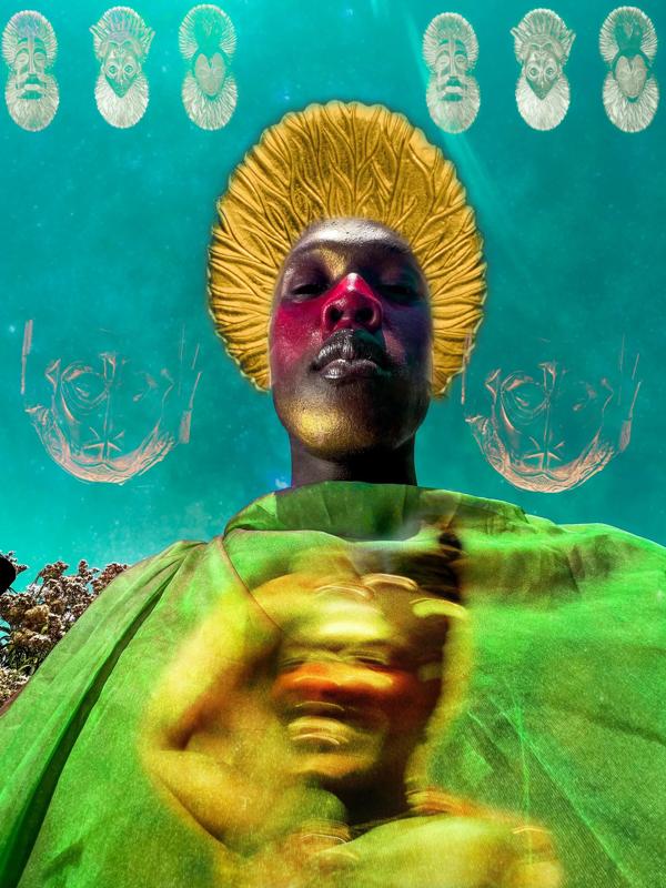 A collage image featuring a Black model seen from below, wearing a green cape and with a styled yellow halo
