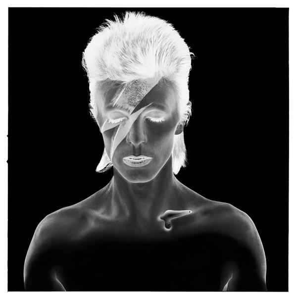 Black & white negative of Bowie's iconic Aladdin Sane album cover. 