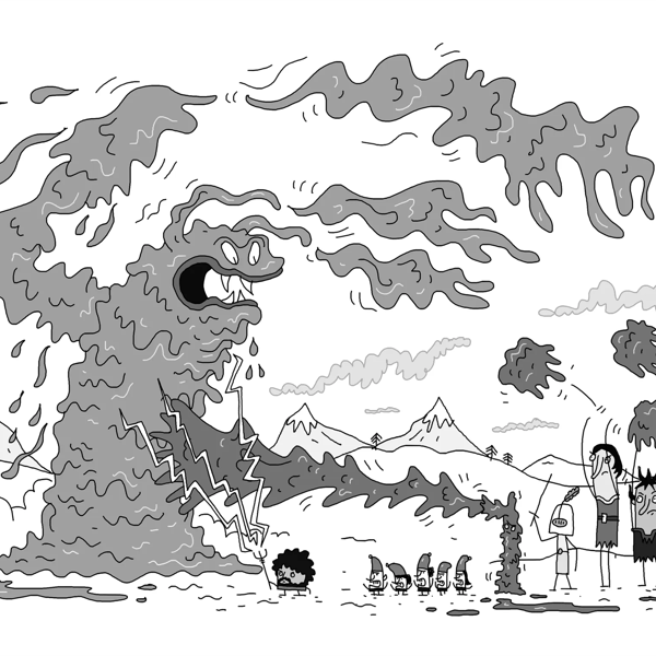 A black and white illustration of stick figure humans fighting a big monster. 