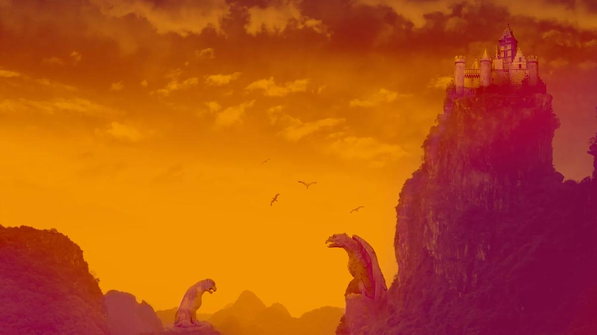 Still from an animated film show two mythical birds in a valley