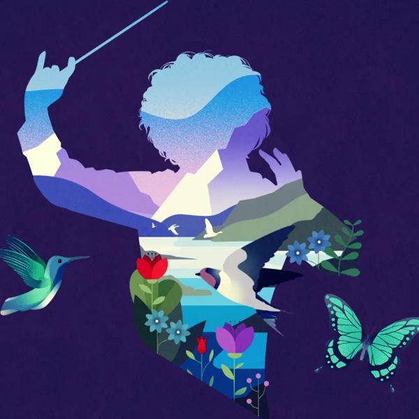 Graphic silhouette of a conductor with sounding of birds, butterfly and flowers  