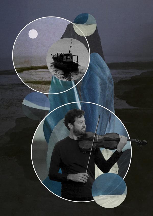Âme Featuring Lawrence Power: Fathom. A collage showing a man playing violin, a boat and the sea