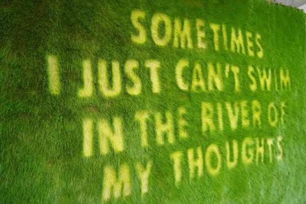 The phrases 'Sometimes I just can't swim in the river of my thoughts' on a grass wall