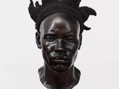 Tavares Strachan, A Map of the Crown (Congo Candle Wick), 2022. Bronze, human hair, wood. 