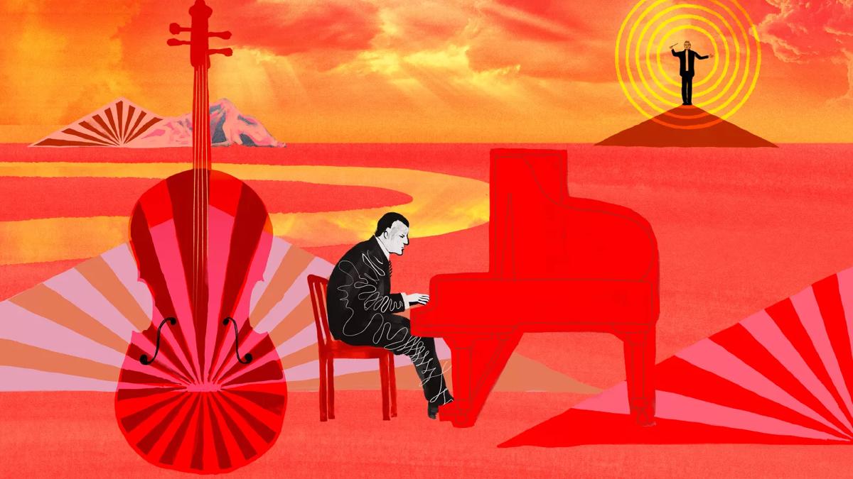 Artwork of a pianist in a red landscape