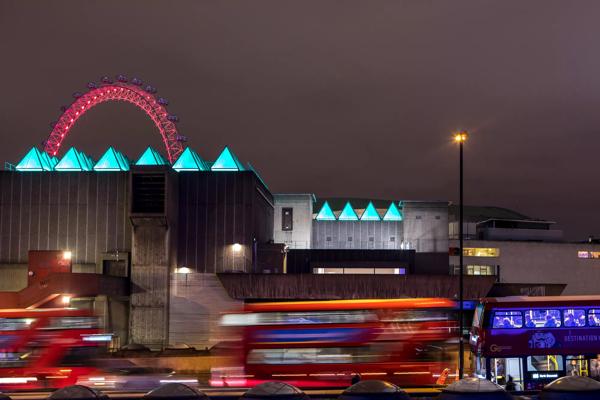 David Batchelor's Sixty Minute Spectrum installation at Hayward Gallery viewed from across Waterloo Bridge