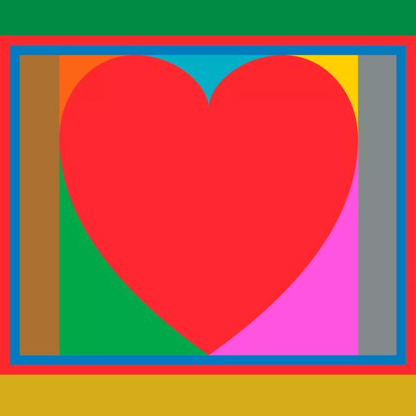 Illustrated red heart inside a multi-coloured box. The image is then laid on a background - the top is a block of green and the bottom is a mustard yellow. 