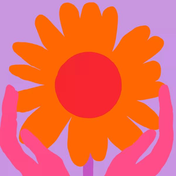 Illustration of a pair of hands holds up an orange flower with a red centre against a lilac background