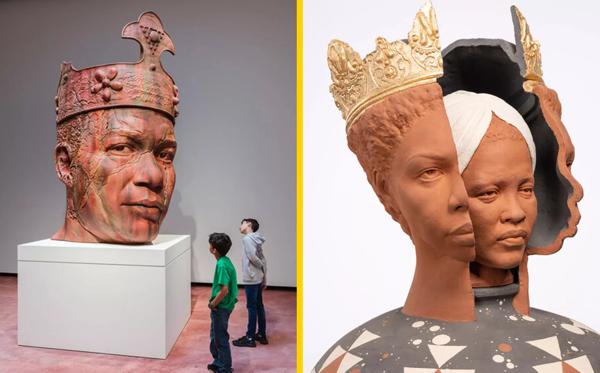 Double images: on the left is an installation view of a large clay sculpture of a (King Tubby) wearing a crown and on the right is a clay sculpture of an older woman's face inside of a younger woman's face wearing a crown