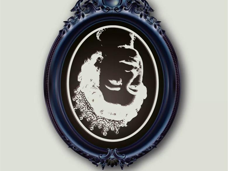 Queen Elizabeth ll back and white negative photo upside down on a blue pendant