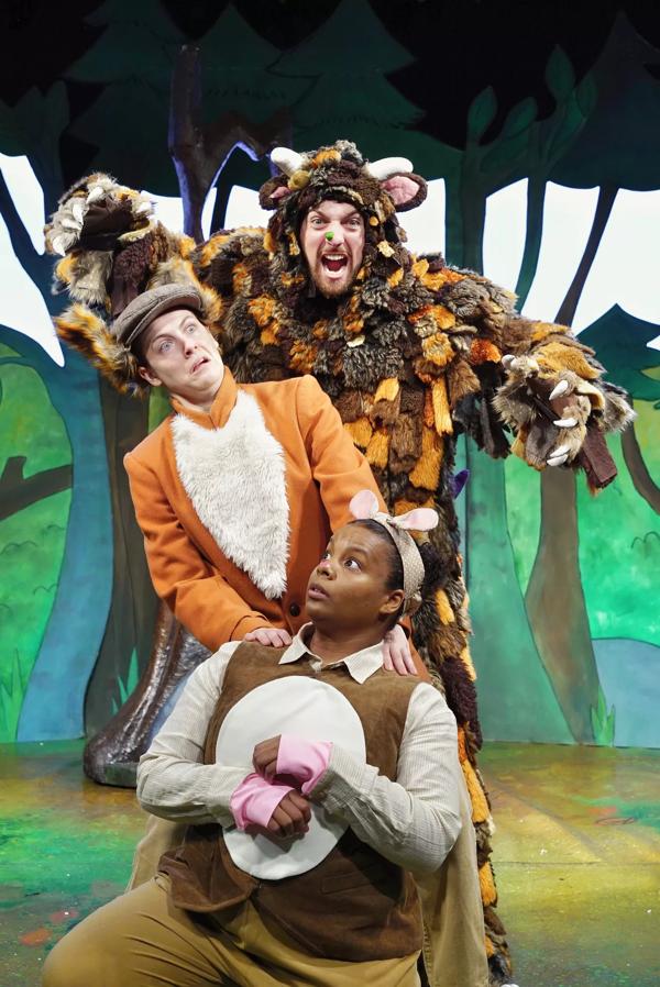 Three actors dressed as a mouse, fox, and The Gruffalo. 