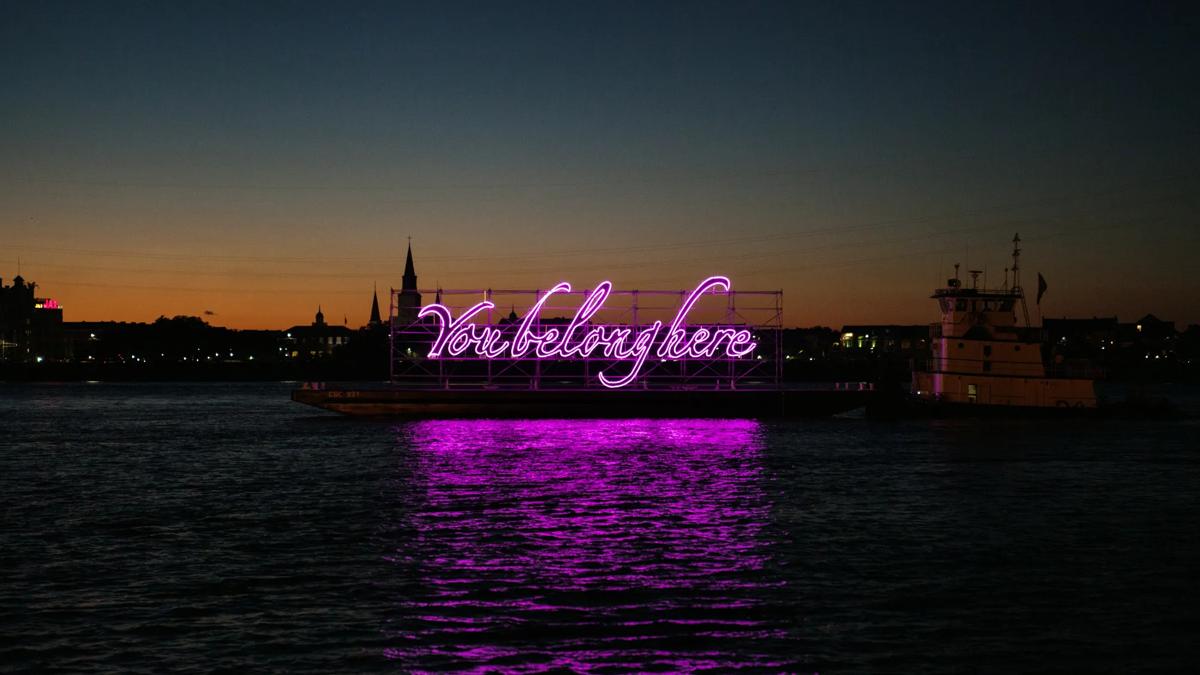 Tavares Strachan, You Belong Here, Prospect.3 New Orleans, 2014. (Installation view from Prospect 3 Biennale, New Orleans, LA). Blocked out neon travelling installation on the Mississippi River.