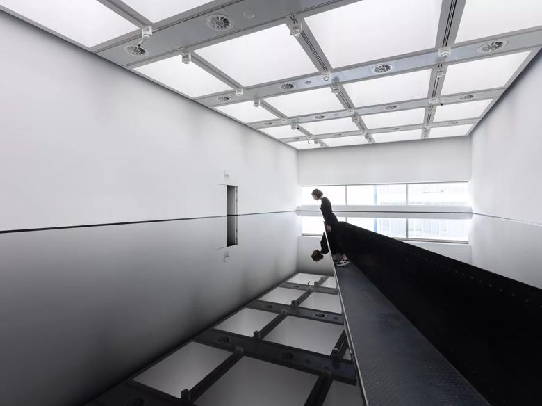 Installation view of Richard Wilson's 20:50 (1987) at Space Shifters, Hayward Gallery 2018. Photo: Mark Blower