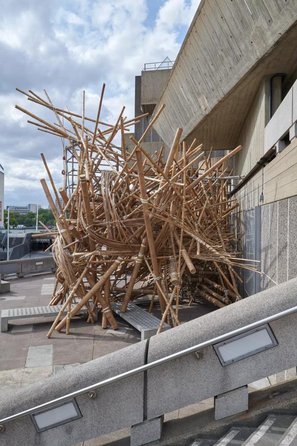 A large bamboo structure outside the Hayward Gallery