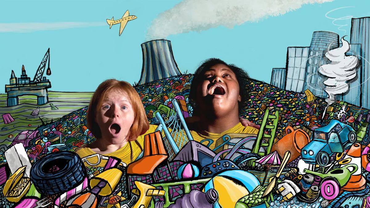 A head and shoulder photograph of the main characters Maisie and Jenny. Maisie is looking directly up with mouth wide open while Jenny is looking directly at the audience with an open mouth and concerned face. They are buried in a pile of colourful illustrated rubbish. The rubbish pile extends into the distance where it meets a polluted sea occupied by an oil rig, a cooling tower pouring out smoke and a cityscape. Other illustrated elements include a tornado and a plane flying overhead.