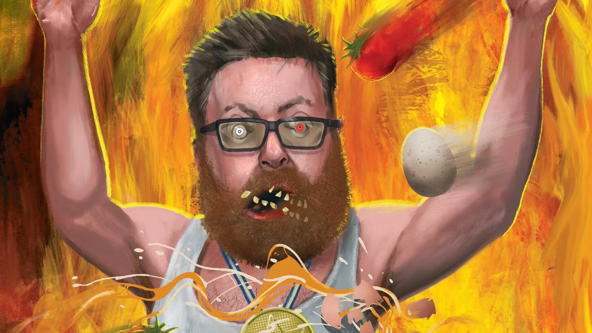 A dystopian painting of comedian Frankie Boyle. He bears his teeth and raises his arms to the sky in front of a wall of flames. He has a white vest top on, a gold medal and wears square framed glasses. A tomato and an egg are painted as if about to hit him in the face. 