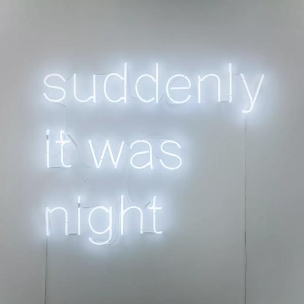 Suddenly it was night, written in neon lights on a white wall