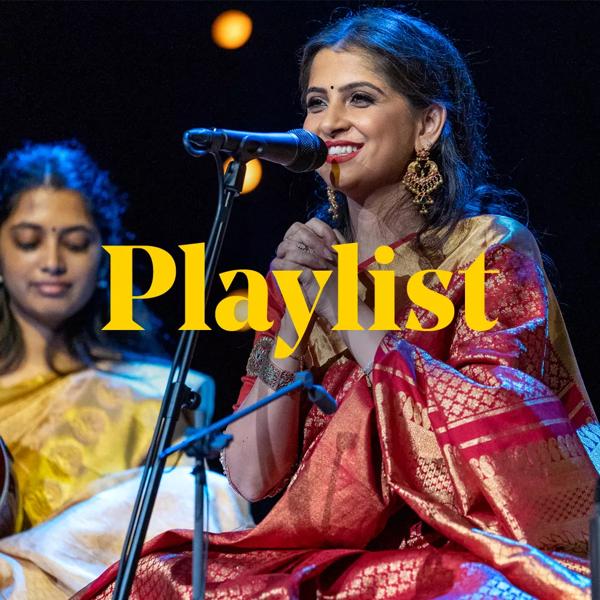 Kaushiki Chakraborty wearing a red sari sitting in front of a microphone. The word ‘Playlist’ is placed over the top of the image in yellow type.