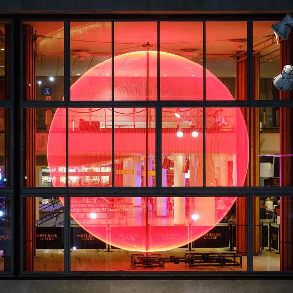 Fred Tschida, Sphere artwork, big illuminated red circle inside Royal Festival Hall