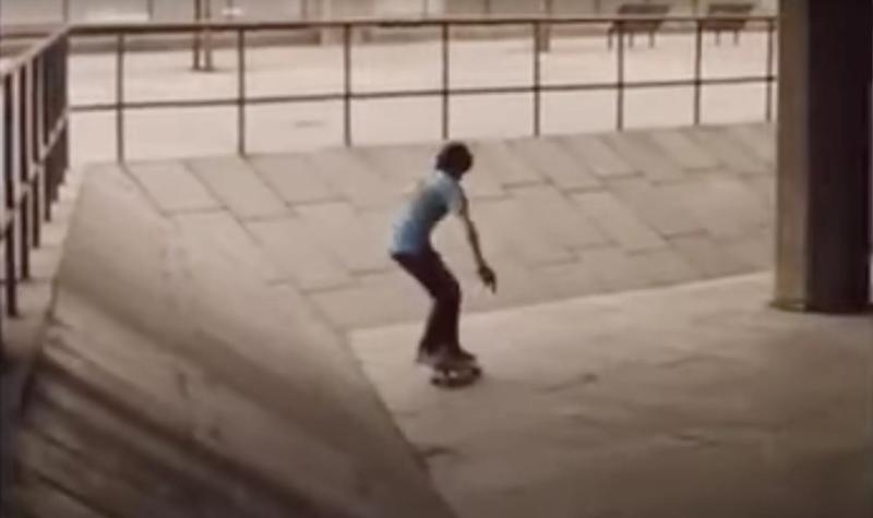 A loan skateboarder skates in the concrete undercroft at the Southbank Centre in 1977