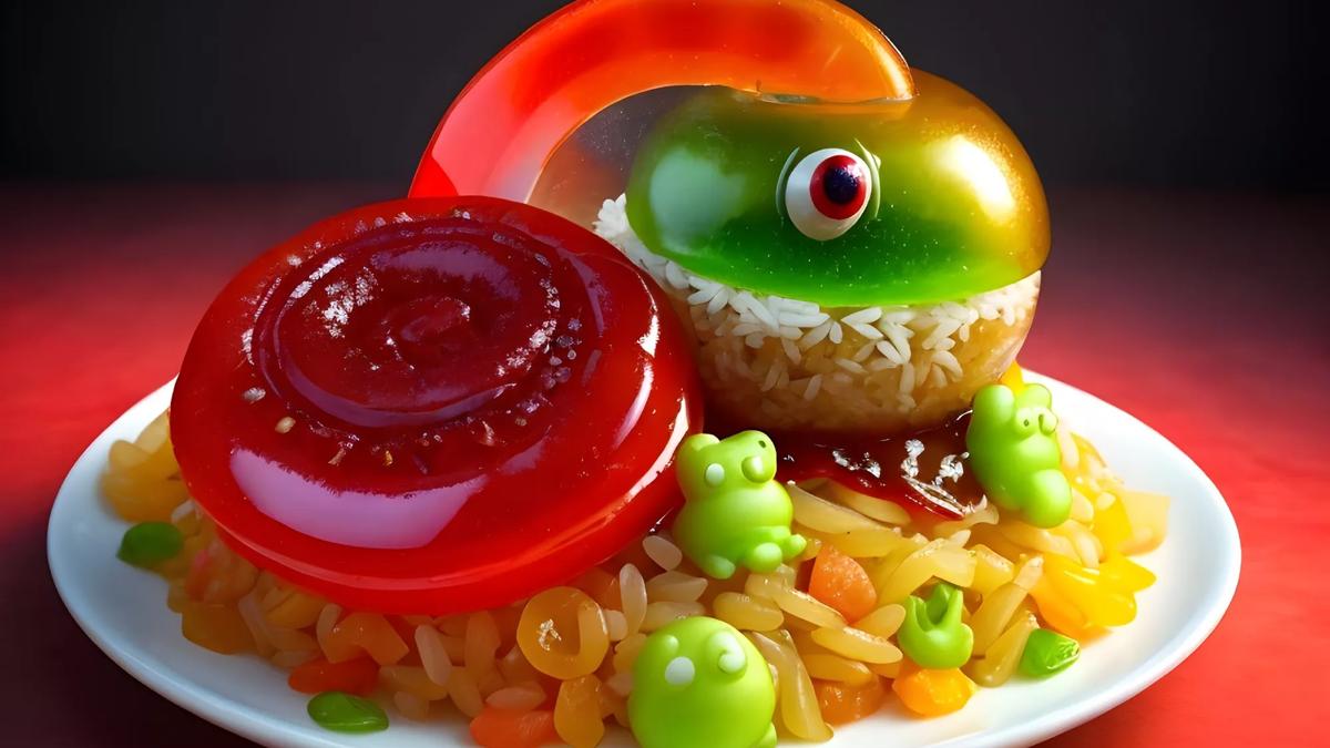 Plate with rice, burger patty and frogs made out of jelly 