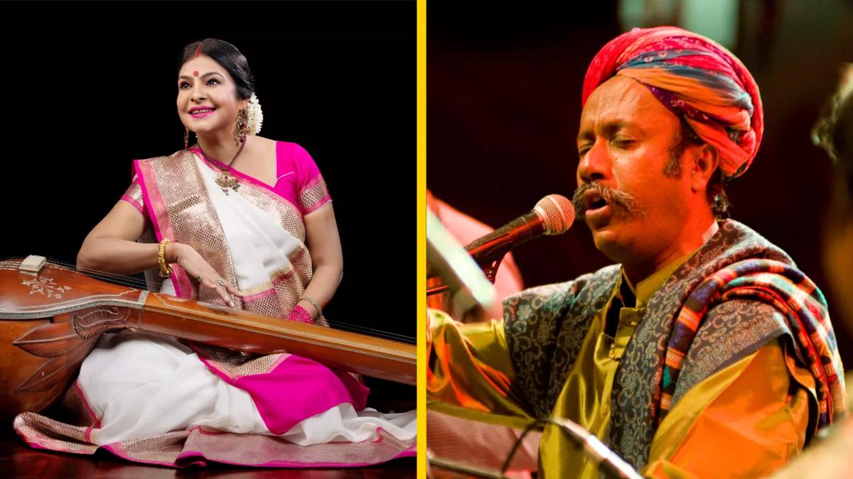 Composite image of Malini Aswasthi wearing a pink and white outfit and Anwar Khan Manganiyar singing into a microphone