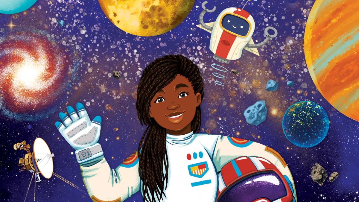 An illustrated Black female astronaut waves at the viewer in front of swirling galaxies and planets. 