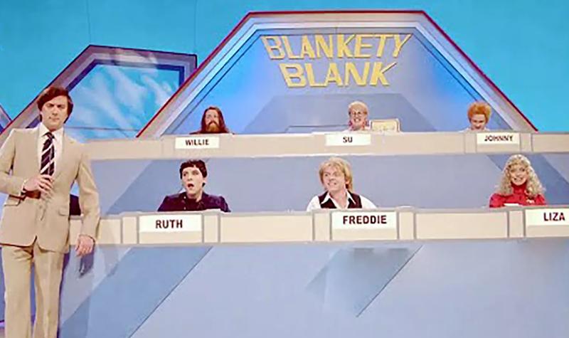 A number of comedic actors from the early 2000s pose as 1980s celebrities on the vintage set of gameshow Blankety Blank
