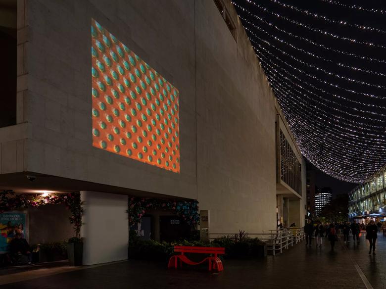 Lis Rhodes video artwork Dresden Dynamo is projected onto the outside of the Royal Festival Hall