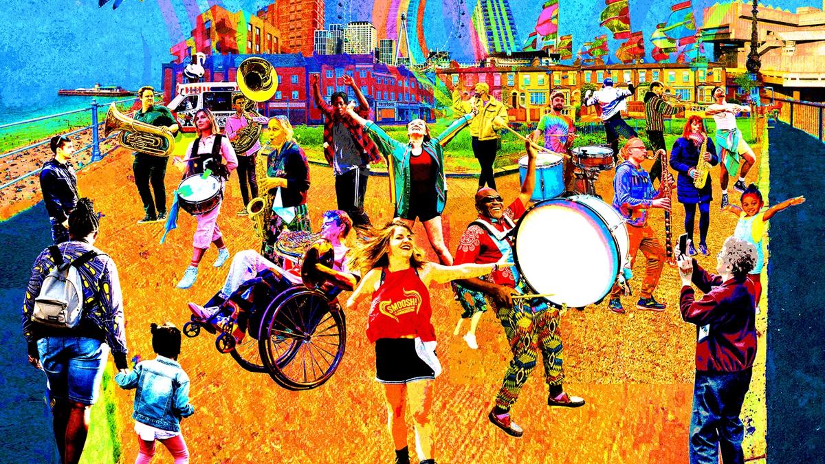 Colourful artwork of people dancing and playing instruments 