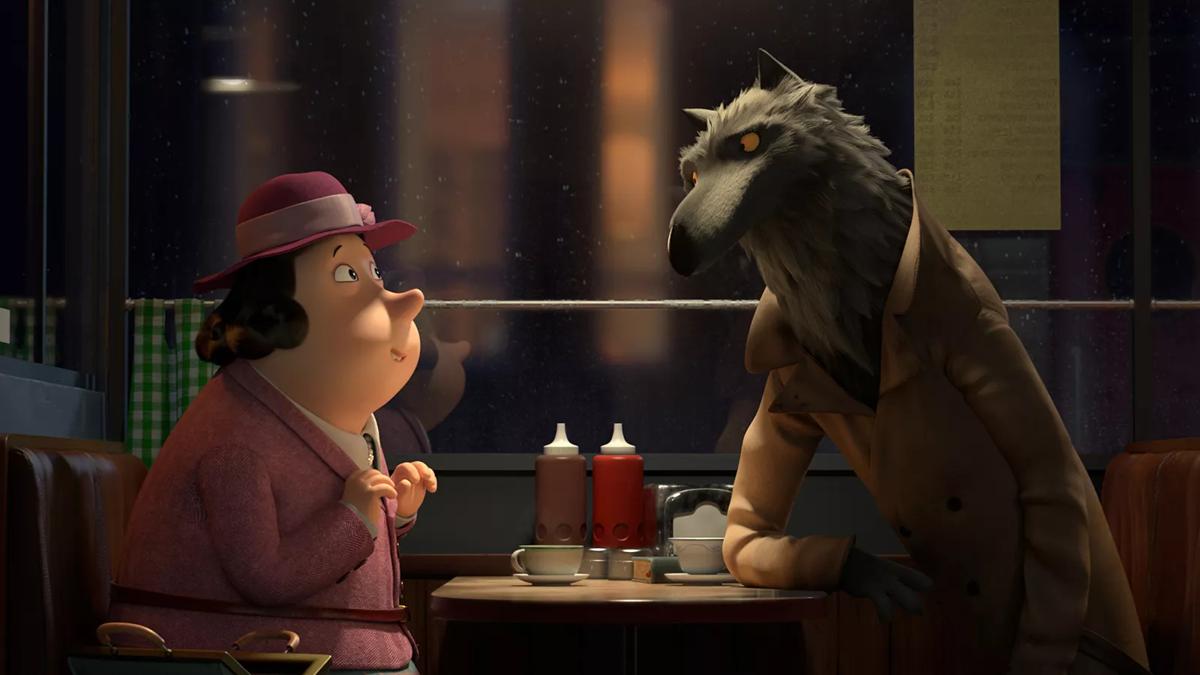 Animation of a lady in purple and a wolf in a brown coat at a diner