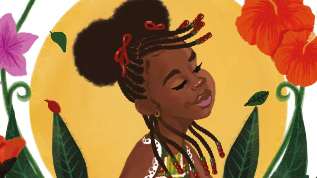 digital painting of a young black girl with braids and beads in her hair surrounded by a vibrant floral motif 