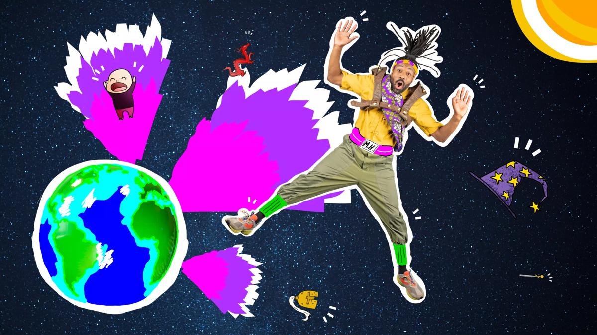 Person flying through space above the earth, with cartoon style drawings of a wizards hat, sword, helmet and dragon around them.