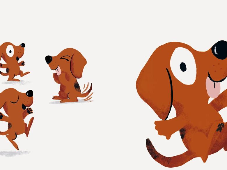 Four brown dogs with black spots and floppy ears dance against a white background. 
