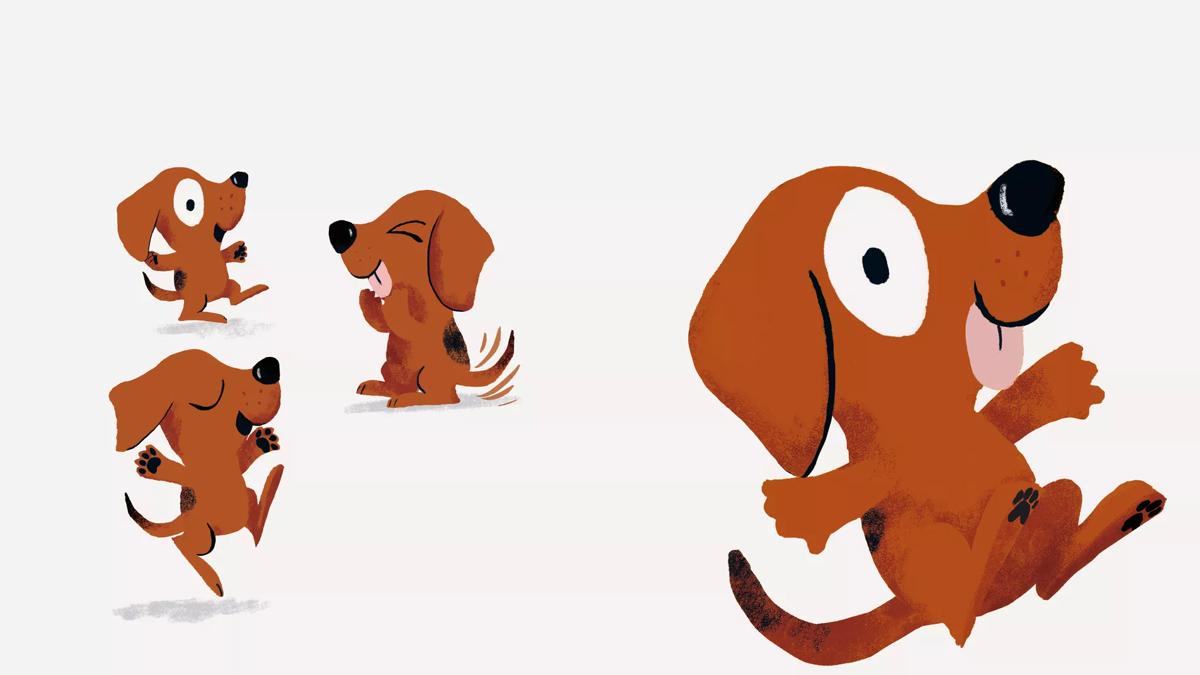 Four brown dogs with black spots and floppy ears dance against a white background. 