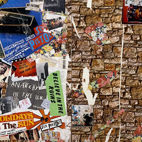 A section of Sex Pistols Mural, collage of headlines and photos from a newspaper