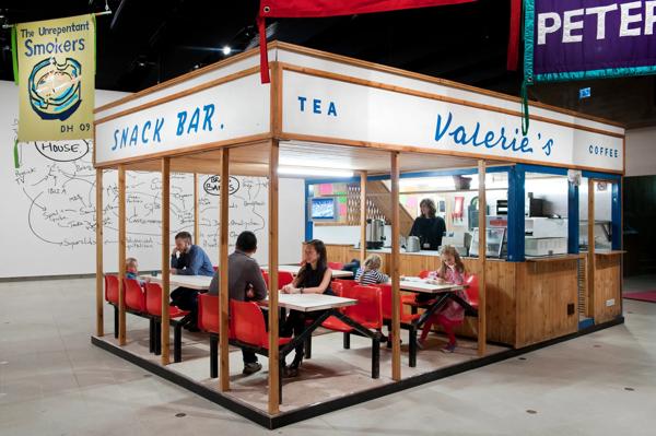 Snack Bar installation with People by artist, Jeremy Deller at Hayward Gallery