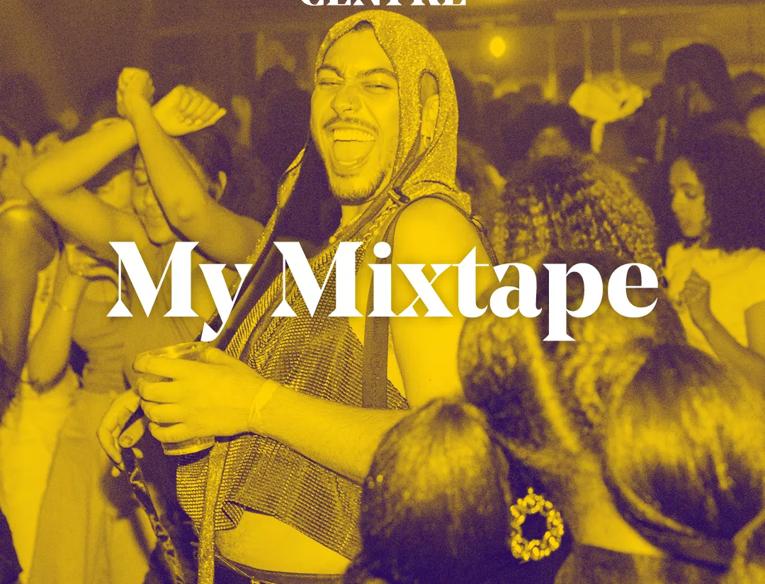 Queer Bruk (aka Akeil Onwukwe-Adamson) dancing in a busy club. The image is faded to yellow and the words 'My Mixtape' are overlayed