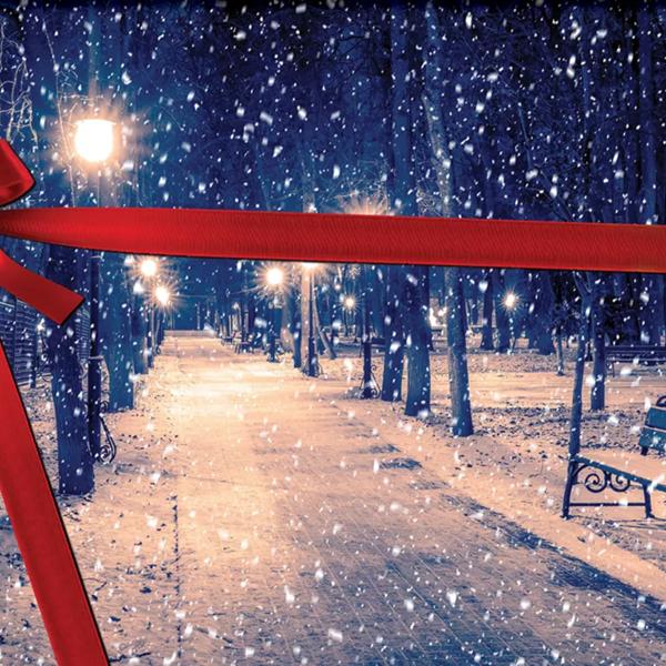 Shows a snowscape of a throughway in a park at night. There is a graphic of a red ribbon tied around it so it looks like a present.