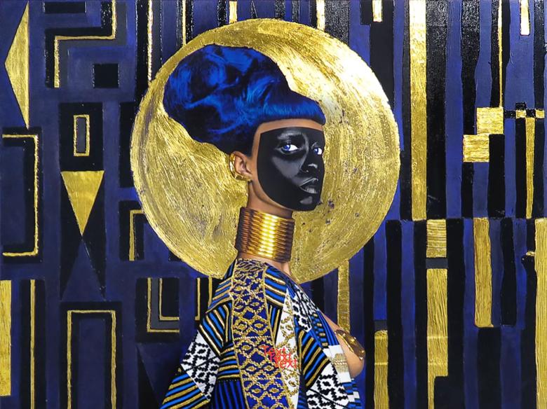 Portrait painting of a black woman with blue hair wearing gold neck rings and an elaborate gold and ultramarine blue robe.  The background depicts a gold halo around the woman's head and a geometric blue and gold pattern.