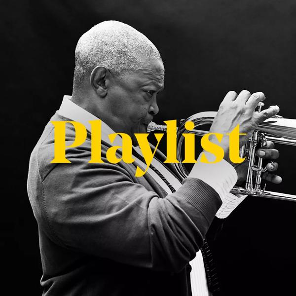 Hugh Masekela plays the trumpet beneath the word 'playlist'