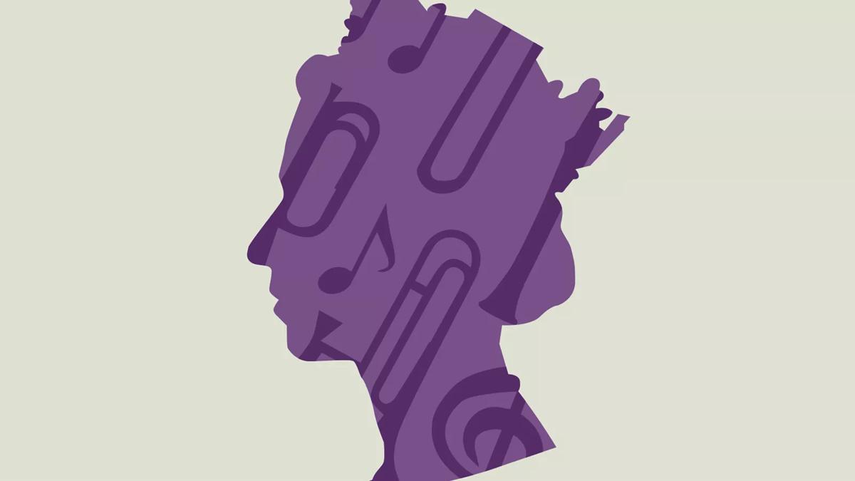 Queen's stylised profile in purple with music overlaid on a cream background