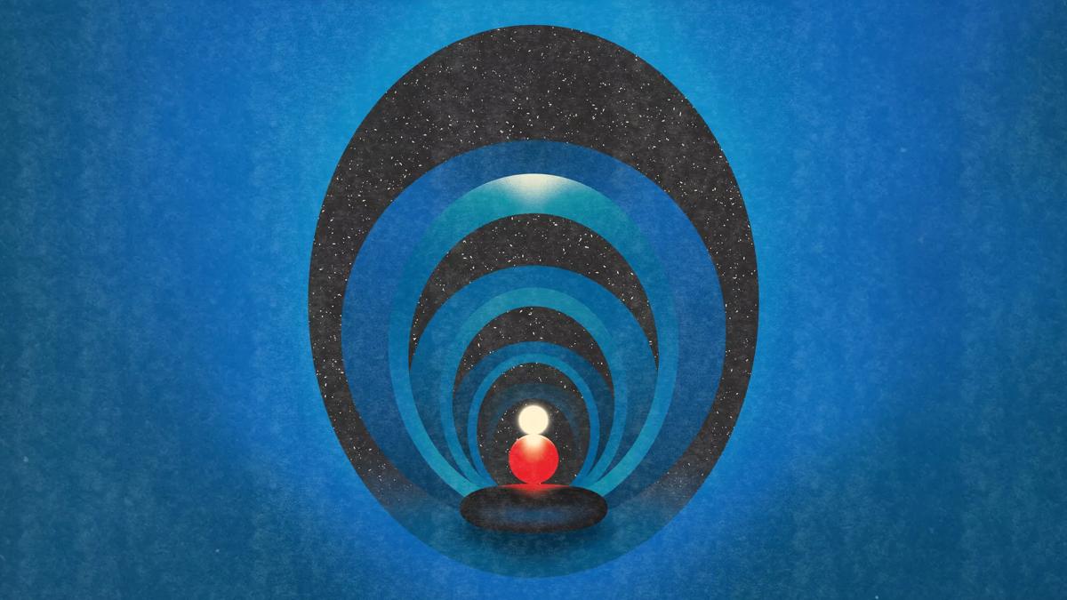 An illustration of a white and red light in space with a spiral-like background in blue and black