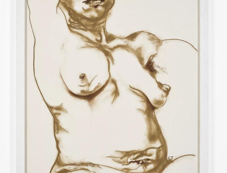 A sketch of the torso and face of a naked woman