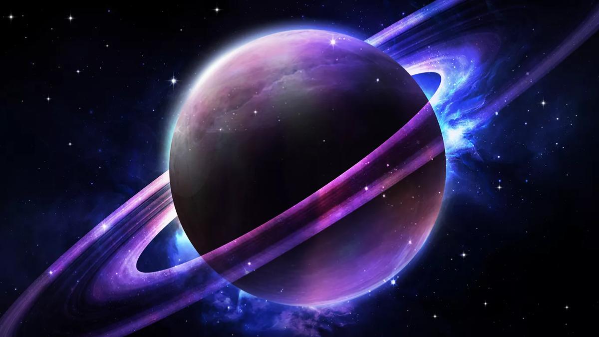 A purple and pink planet with bluet rings