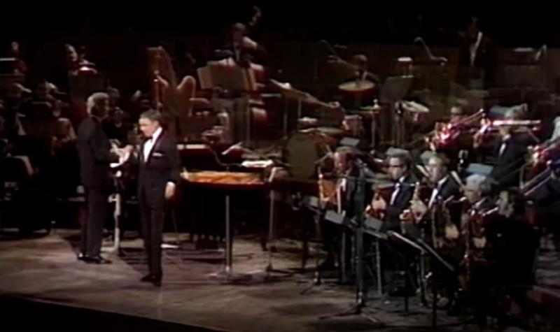 Frank Sinatra and his orchestra on stage at the Royal Festival Hall in 1971