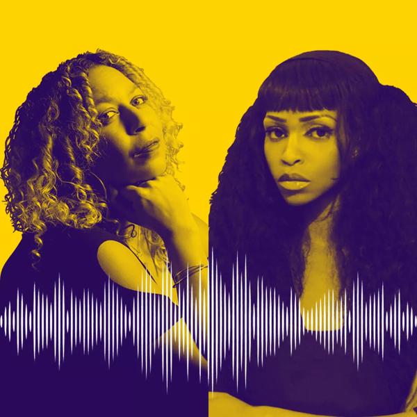 In this graphic artist Lina Iris Viktor and Salena Godden are in black and white on a yellow background with a depiction of a soundwave in front of them
