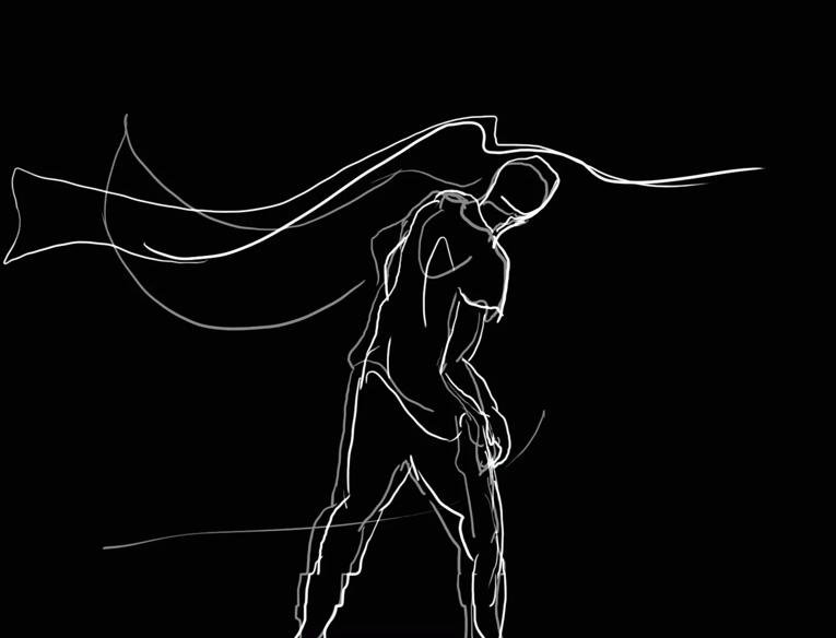 An illustration on a black background with a white and grey fine line drawing of a man's silhouette. He is ducking to avoid a wave of white and grey lines above his head. 