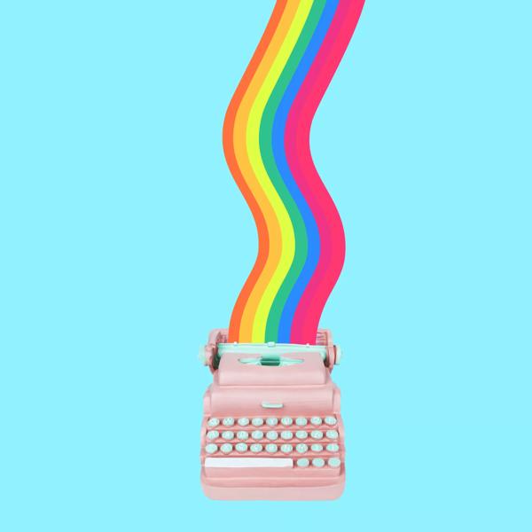 A pink typewriter with a rainbow coming out of it. 